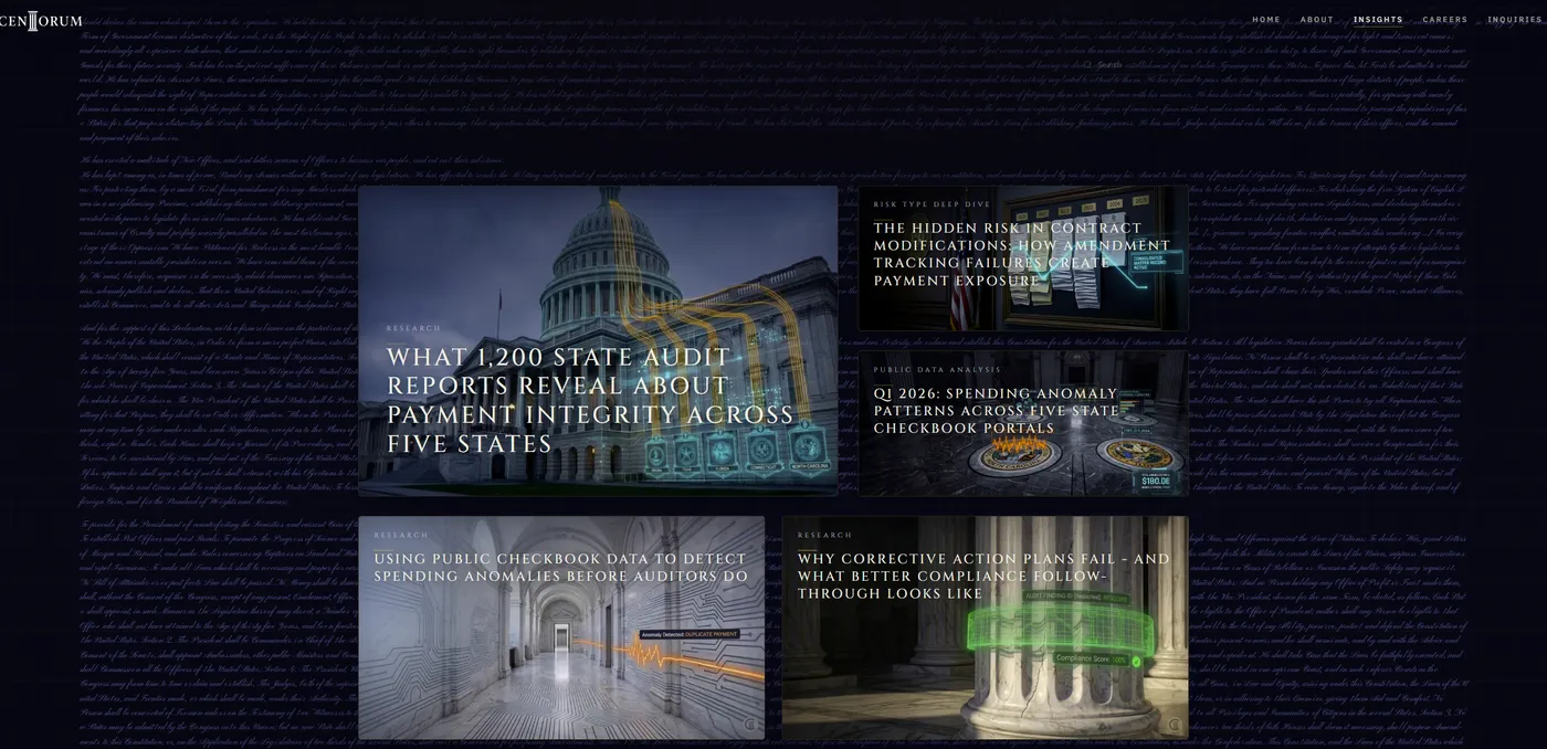 The insights page of the Centorum website, a grid of research articles with illustrated covers